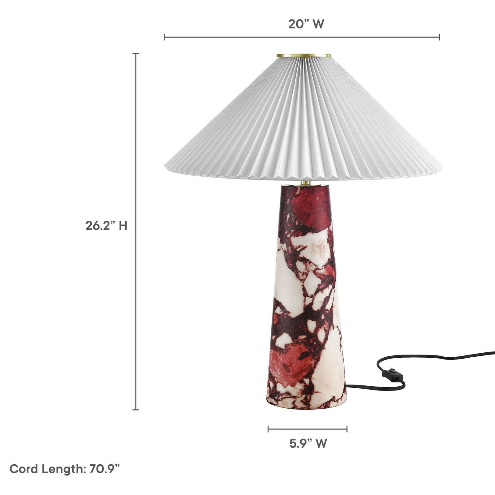 Nera red marble table lamp with dimensions highlighting generous shade width and slim base. || EEI-6963-RED || dimension_studio