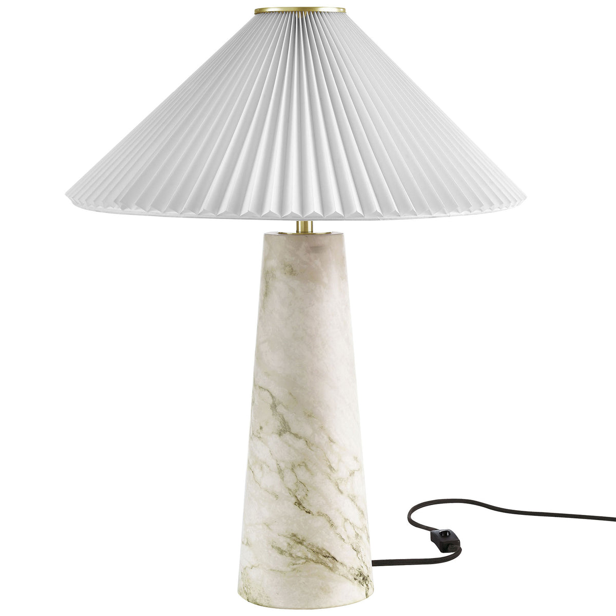 White marble-look Nera table lamp with soft gray veining and crisp pleated shade. || EEI-6963-WHI || front_studio