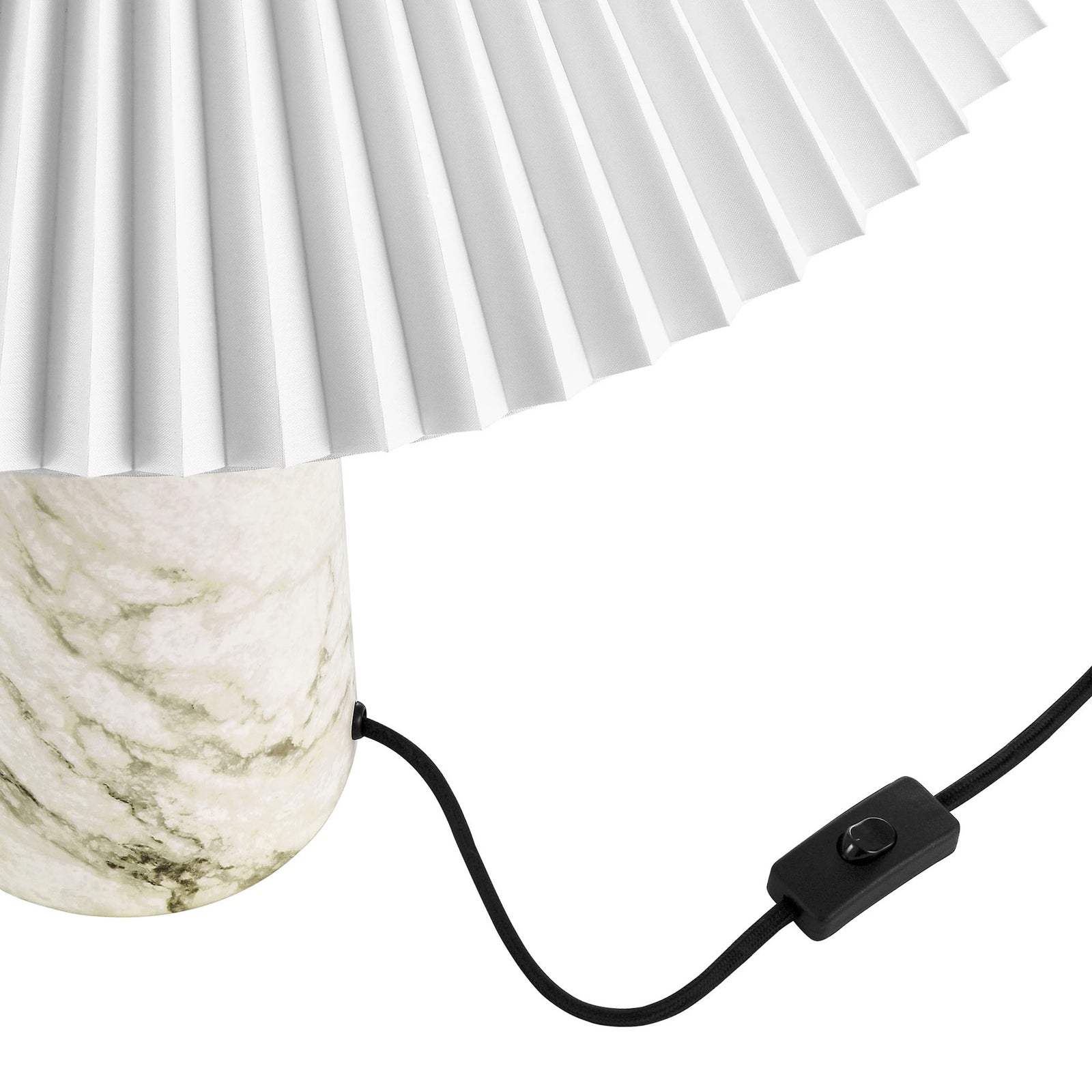 White marble-look lamp base with black fabric cord and inline switch for simple use. || EEI-6963-WHI || detail_studio