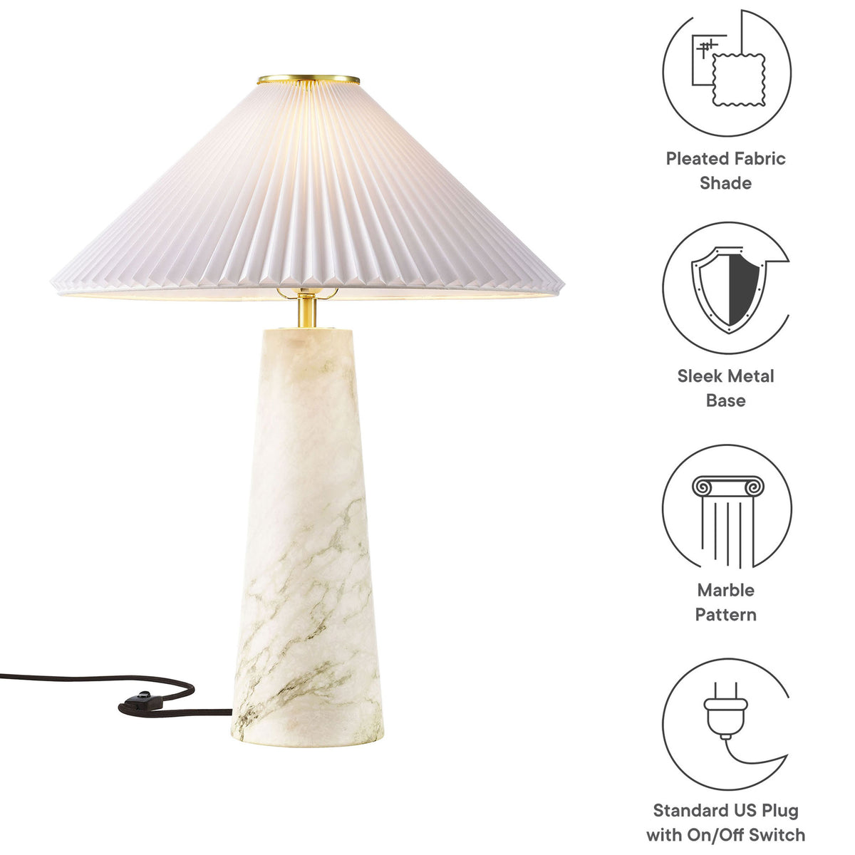 Nera white marble table lamp with pleated shade, sleek metal base, and standard plug benefits. || EEI-6963-WHI || callout_studio