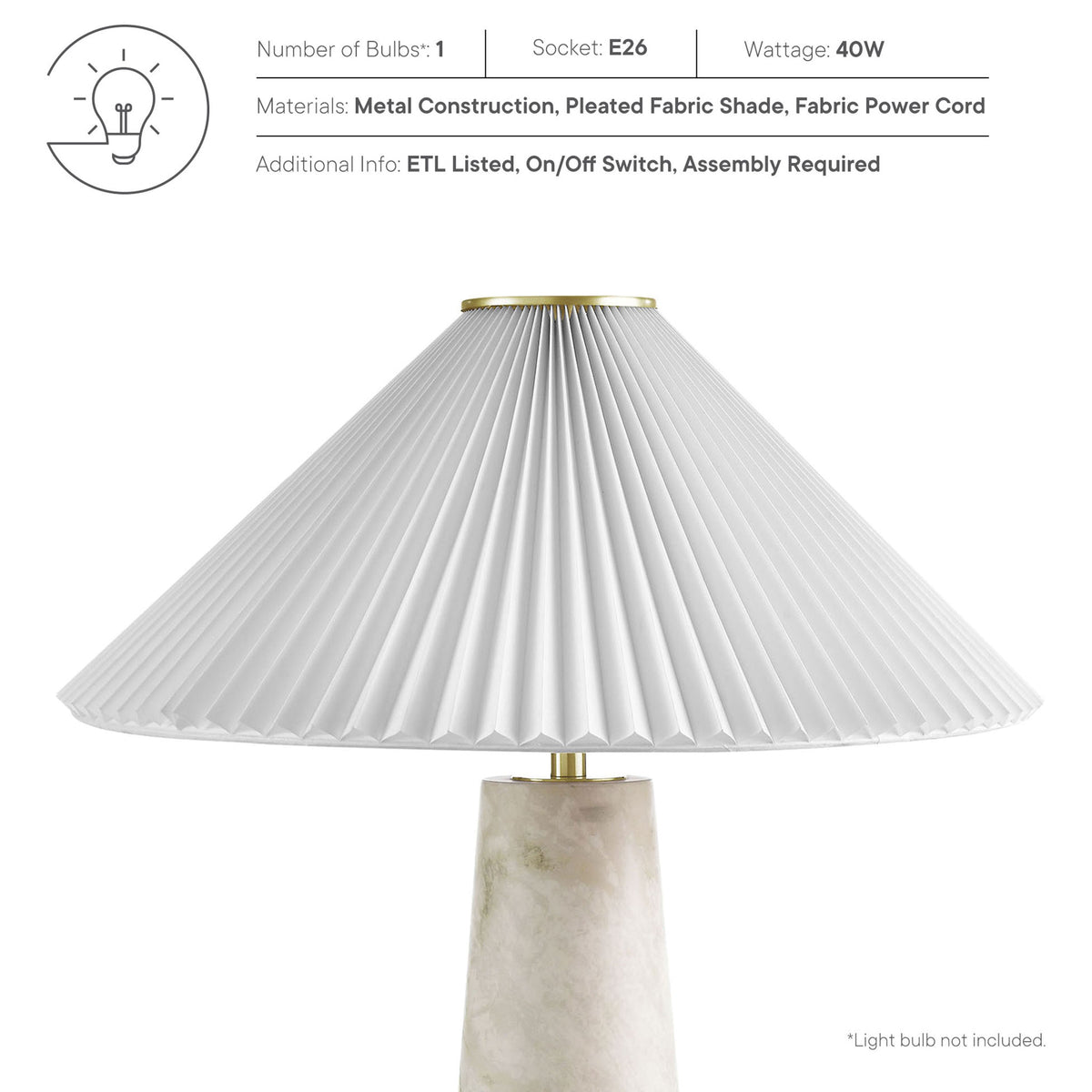 Lamp specification panel listing bulb count, socket type, wattage, and construction materials. || EEI-6963-WHI || callout_studio