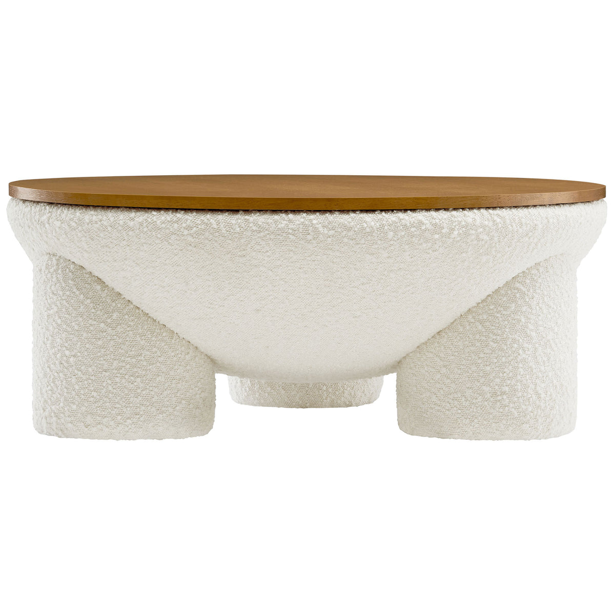 Round boucle coffee table with warm wood top and sculpted dome base on three cylindrical legs || EEI-6964-NAT-IVO || side_studio