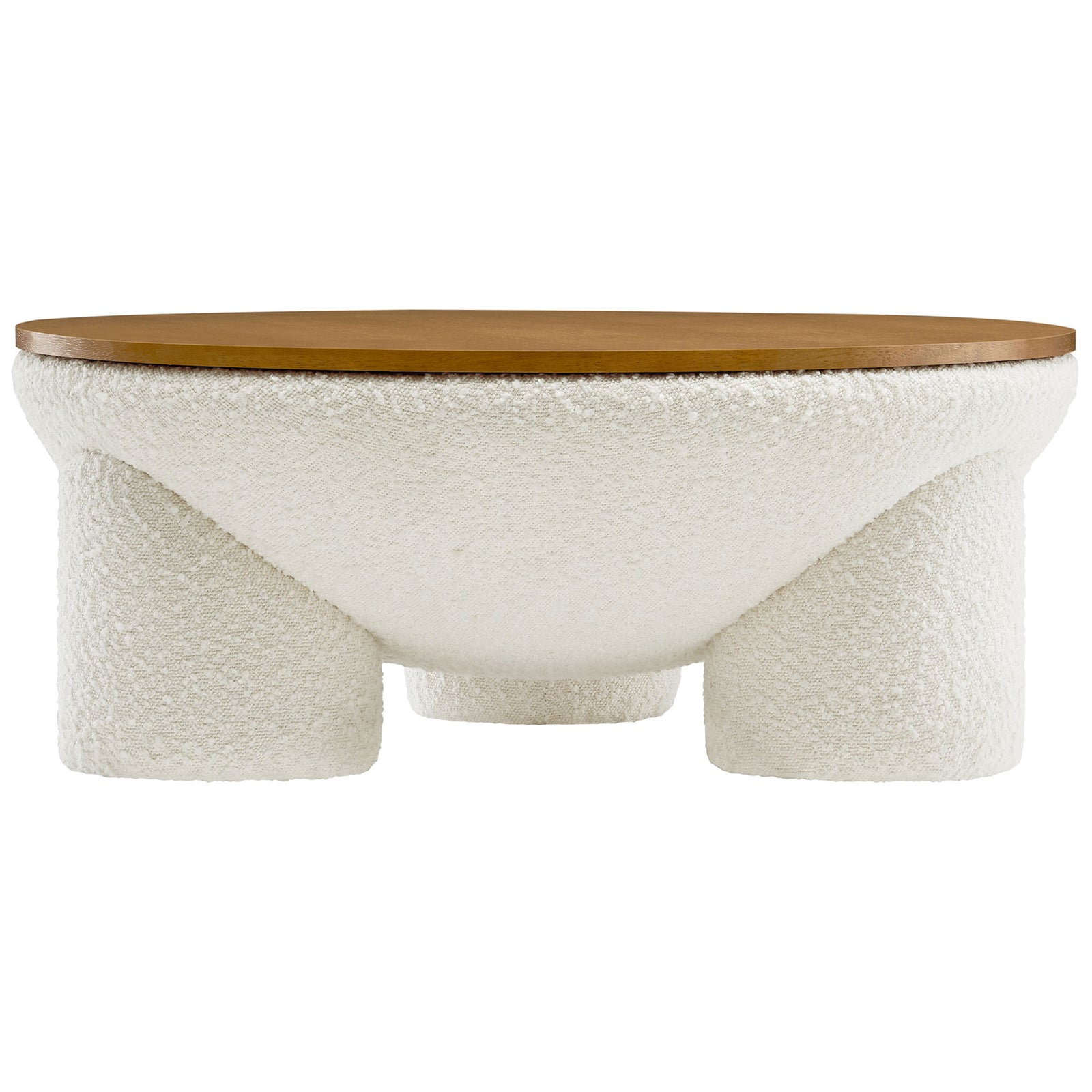 Round boucle coffee table with warm wood top and sculpted dome base on three cylindrical legs || EEI-6964-NAT-IVO || front_studio
