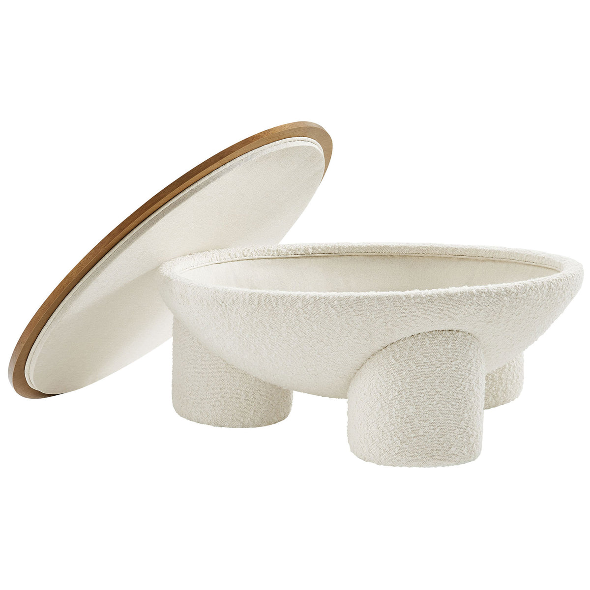 Removable wood lid reveals spacious boucle-lined storage within the sculptural round coffee table || EEI-6964-NAT-IVO || front_angle_open_studio