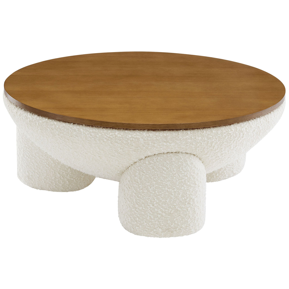 Curved boucle base and rich wood tabletop create a striking round coffee table with modern warmth || EEI-6964-NAT-IVO || front_angle_studio