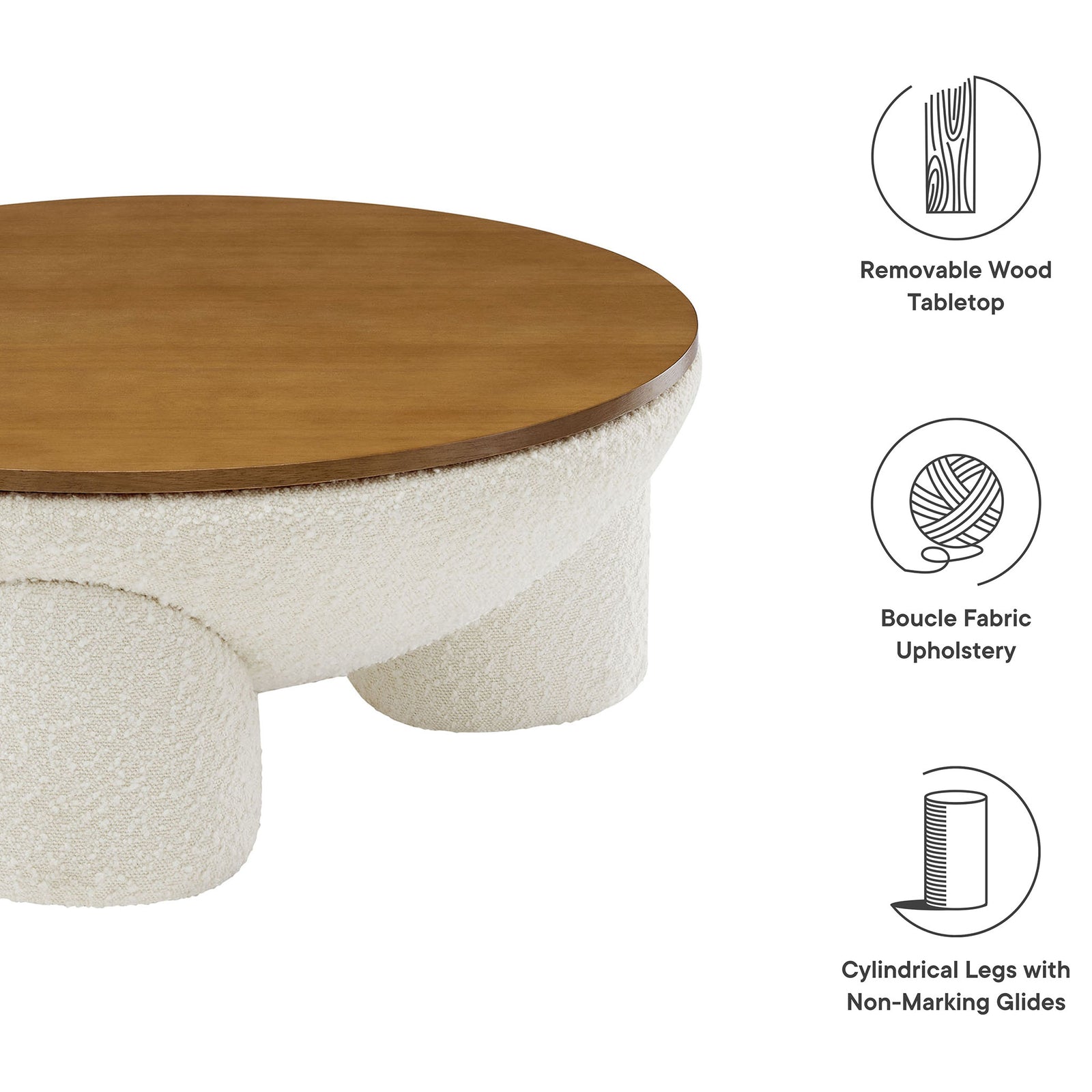 Key features: removable wood tabletop, boucle upholstery, and non-marking glides || EEI-6964-NAT-IVO || callout_studio