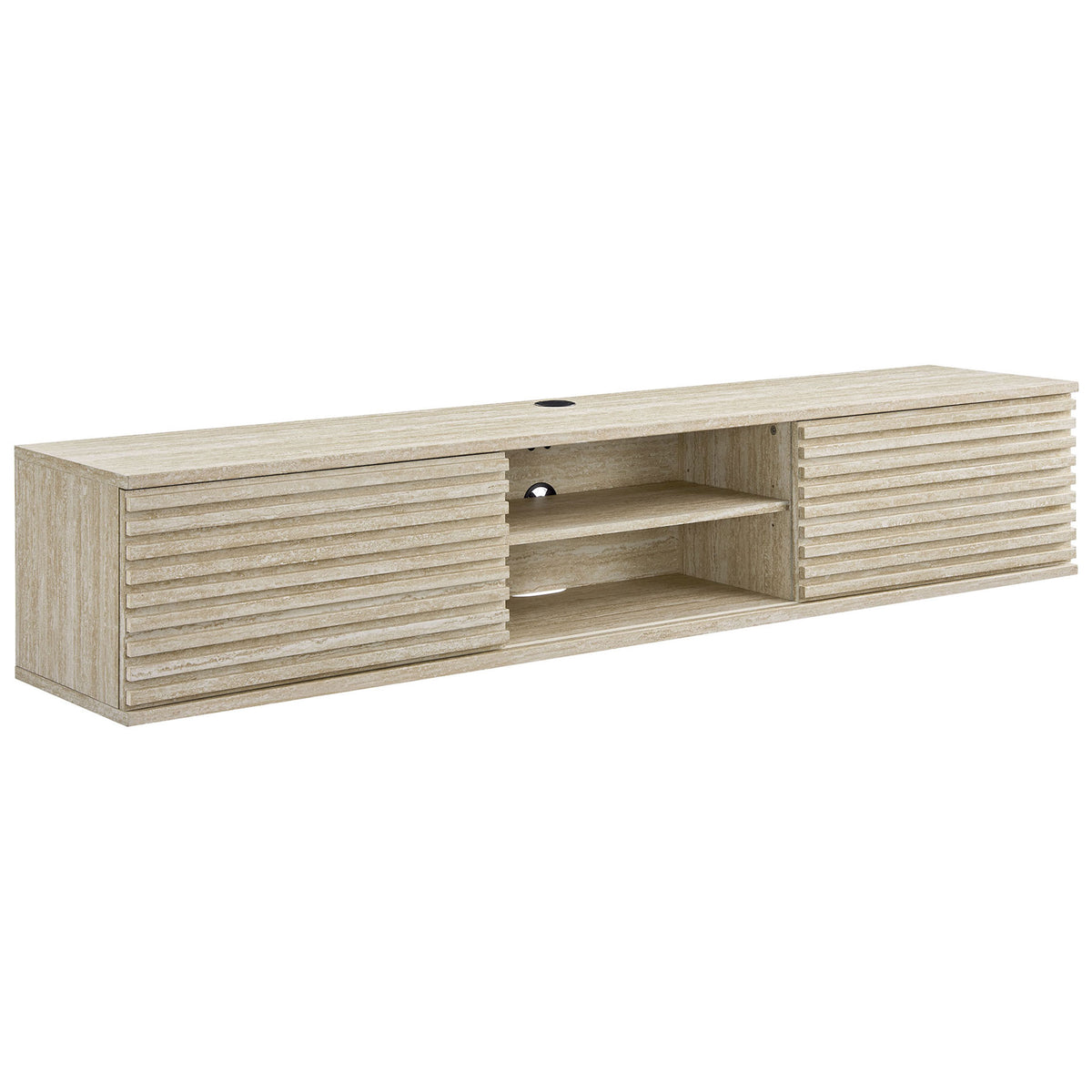 Angled view of the faux travertine floating TV console showing its long, low silhouette and slatted fronts. || EEI-6965-TRA || front_angle_studio