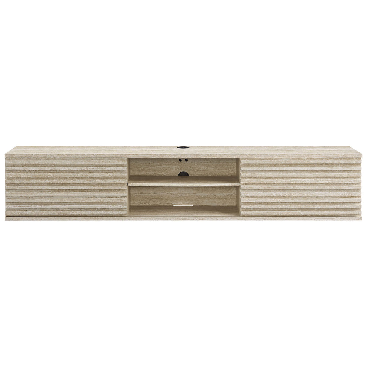 Faux travertine 70 inch wall-mounted media console with slatted doors and open center shelves. || EEI-6965-TRA || front_studio