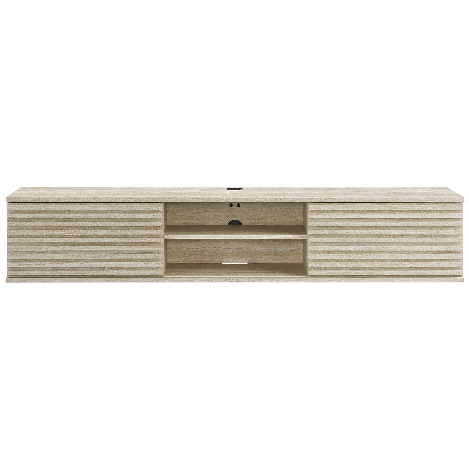 Faux travertine 70 inch wall-mounted media console with slatted doors and open center shelves. || EEI-6965-TRA || front_studio