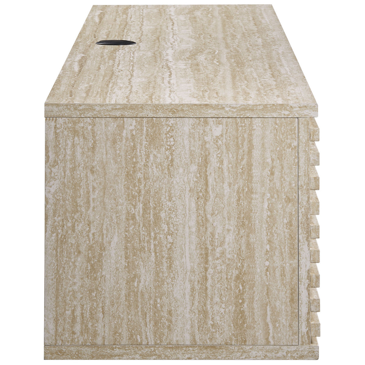 Side profile of the travertine-look media console highlighting the stone-inspired grain and slim build. || EEI-6965-TRA || side_studio