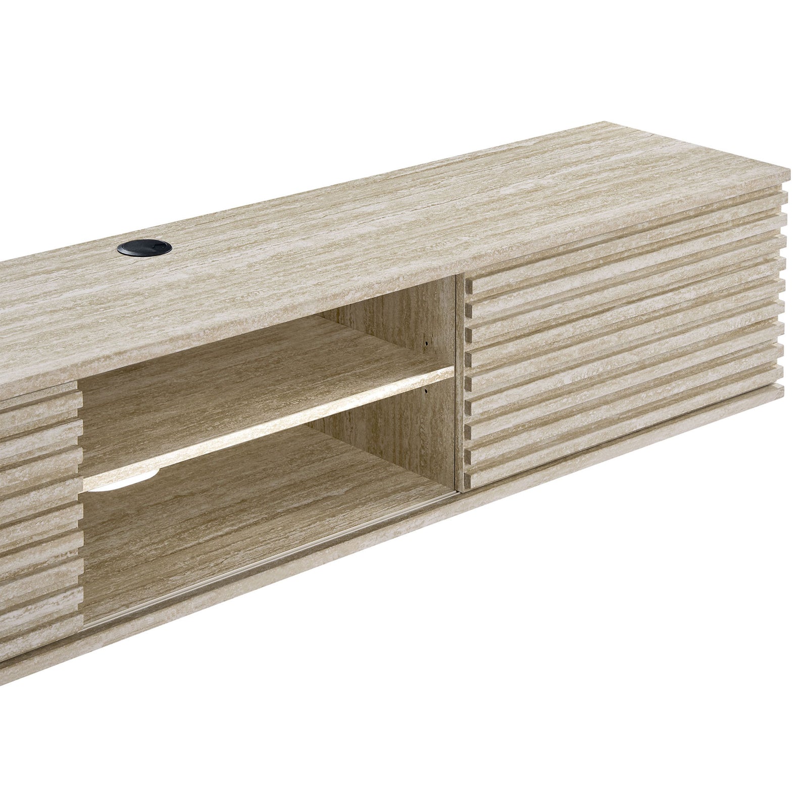 Detail of the textured faux travertine laminate and horizontal slat pattern on the wall-mounted console. || EEI-6965-TRA || detail_studio