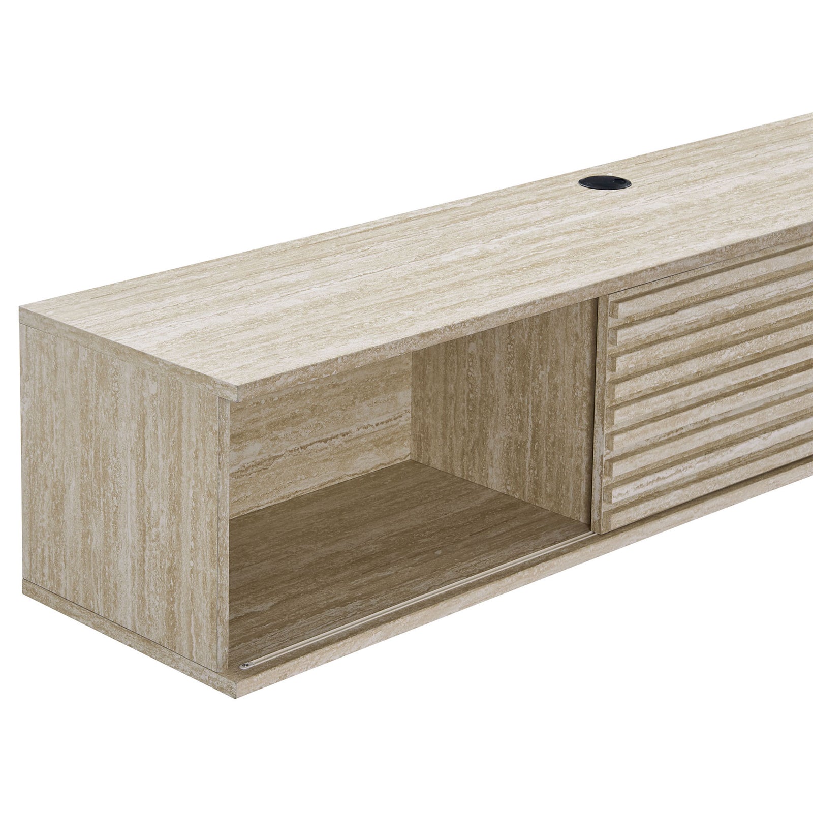 Open storage compartment of the faux travertine TV console with adjustable shelf and cable cutout. || EEI-6965-TRA || storage_studio
