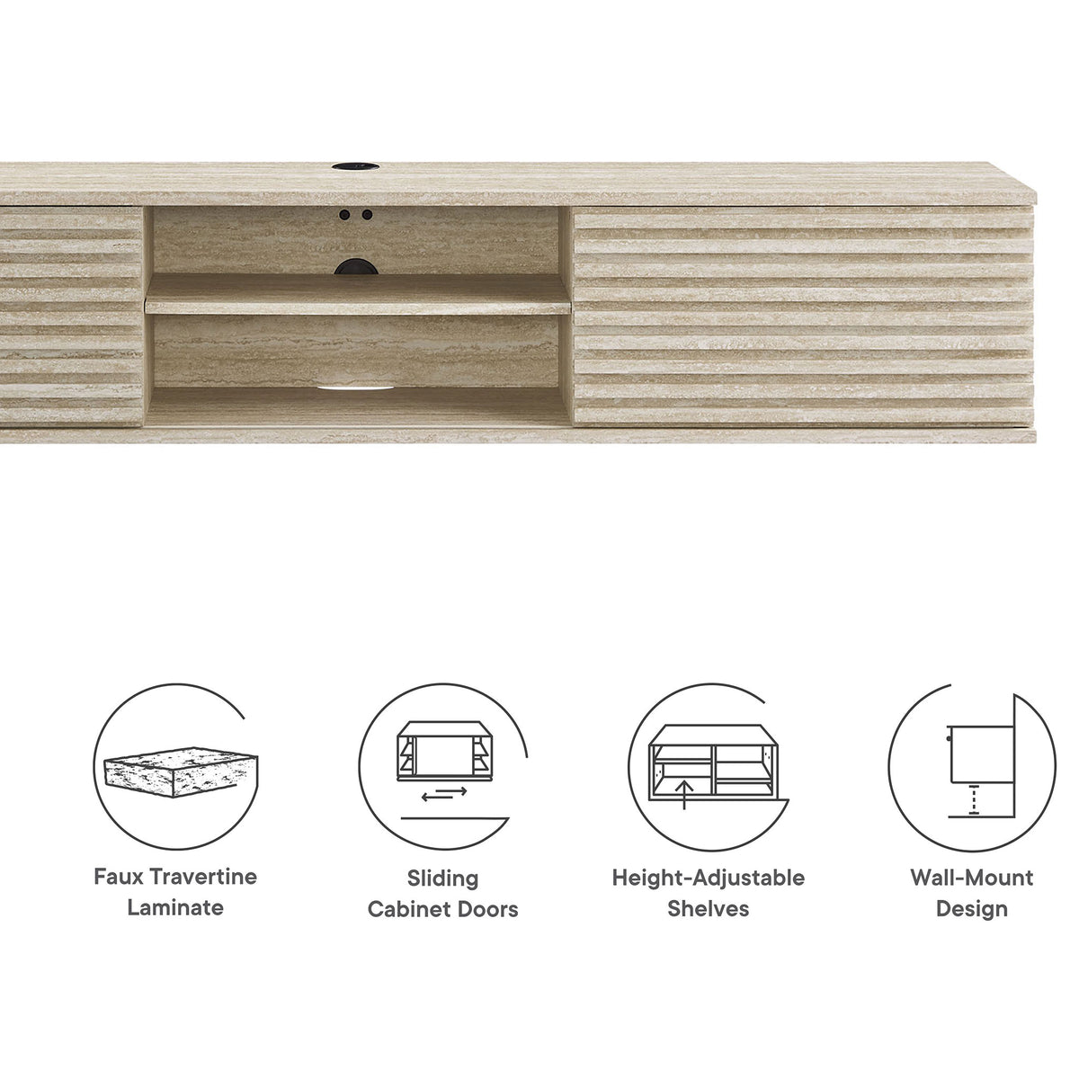 Front view of the faux travertine media console with icons calling out laminate, sliding doors, shelves, and wall-mount. || EEI-6965-TRA || callout_studio
