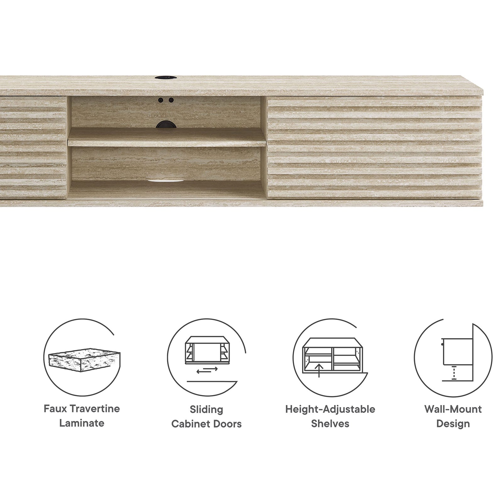 Front view of the faux travertine media console with icons calling out laminate, sliding doors, shelves, and wall-mount. || EEI-6965-TRA || callout_studio
