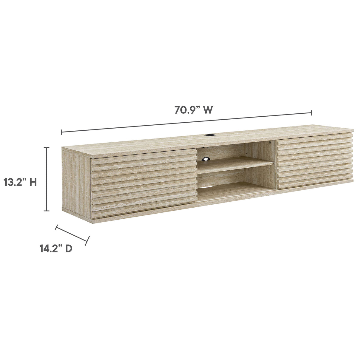 Dimensional drawing of the 70.9 inch faux travertine wall-mounted console showing overall width, height, and depth. || EEI-6965-TRA || dimension_studio