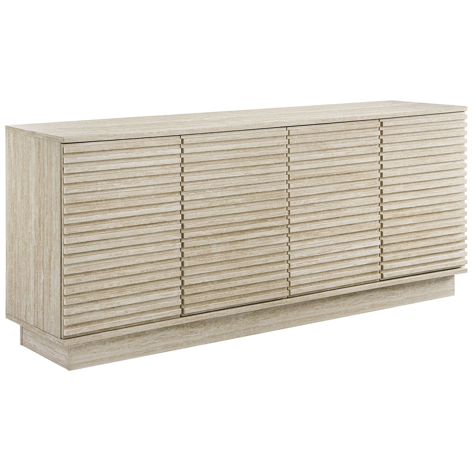 Angled view of faux travertine slatted sideboard showcasing mid century inspired linear texture || EEI-6966-TRA || front_angle_studio