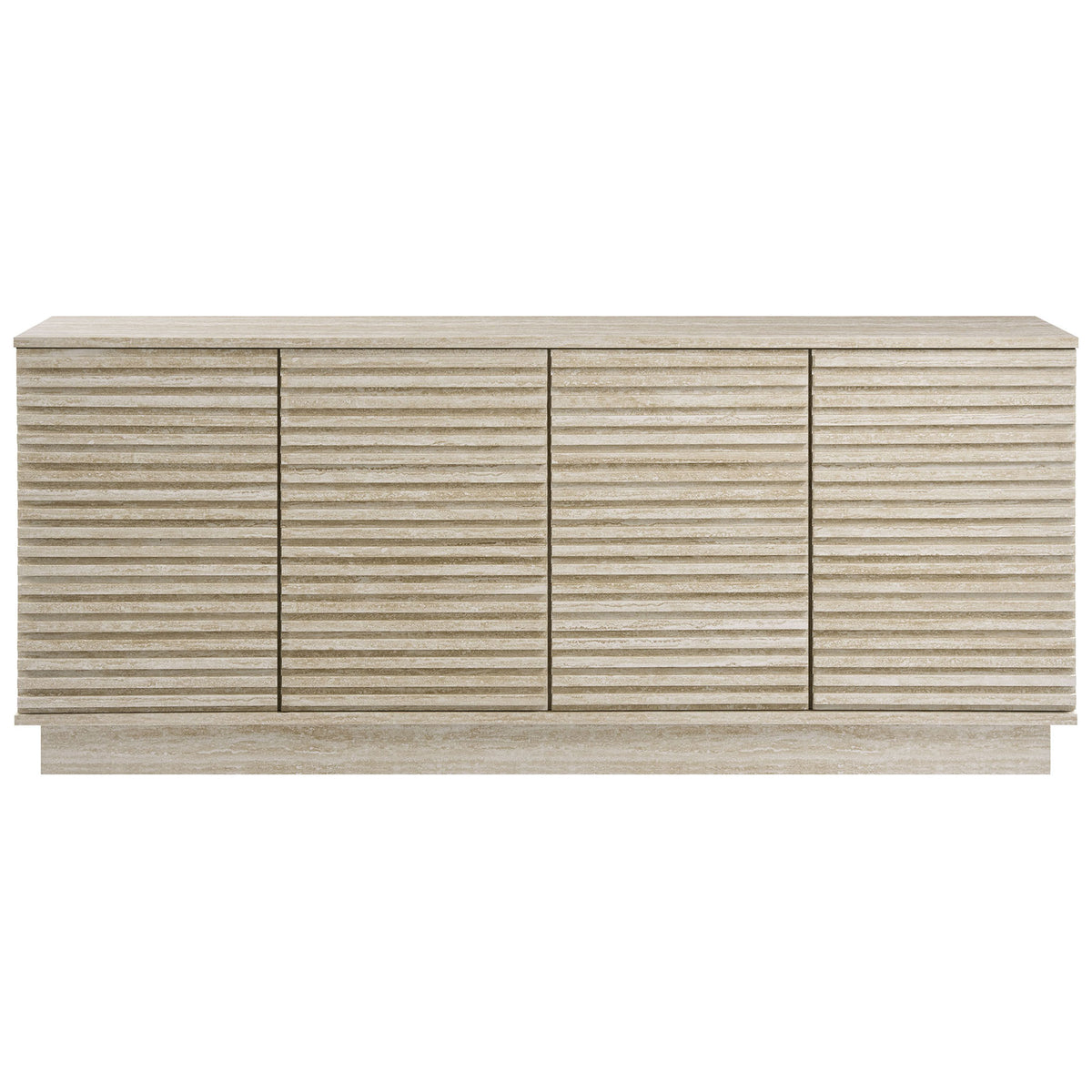 Render faux travertine sideboard with four slatted doors and clean plinth base silhouette || EEI-6966-TRA || front_studio