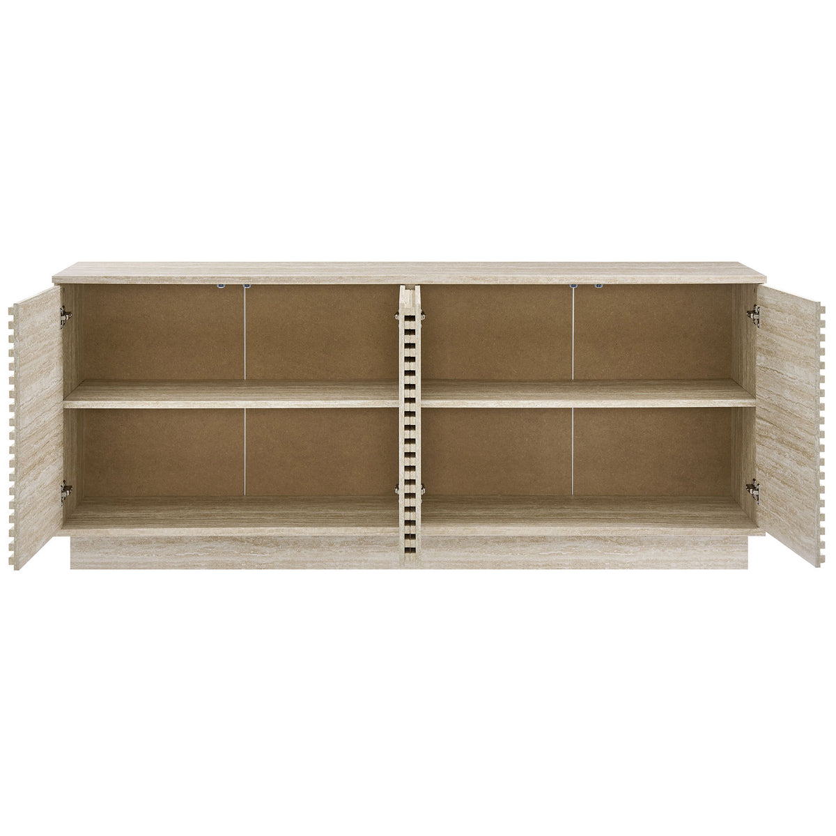 Sideboard cabinet with both doors open revealing spacious shelving for tableware and decor || EEI-6966-TRA || front_open_studio