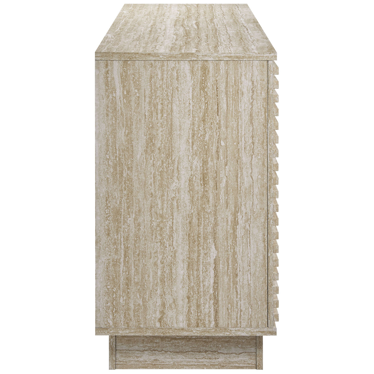 Side profile of the Render sideboard highlighting the realistic faux travertine grain and plinth base || EEI-6966-TRA || side_studio