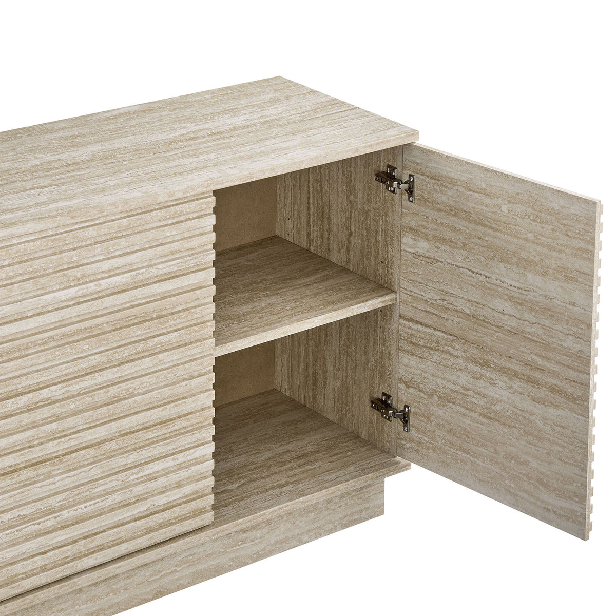Close up of interior shelving and slatted door design, showing generous concealed storage space || EEI-6966-TRA || storage_open_studio