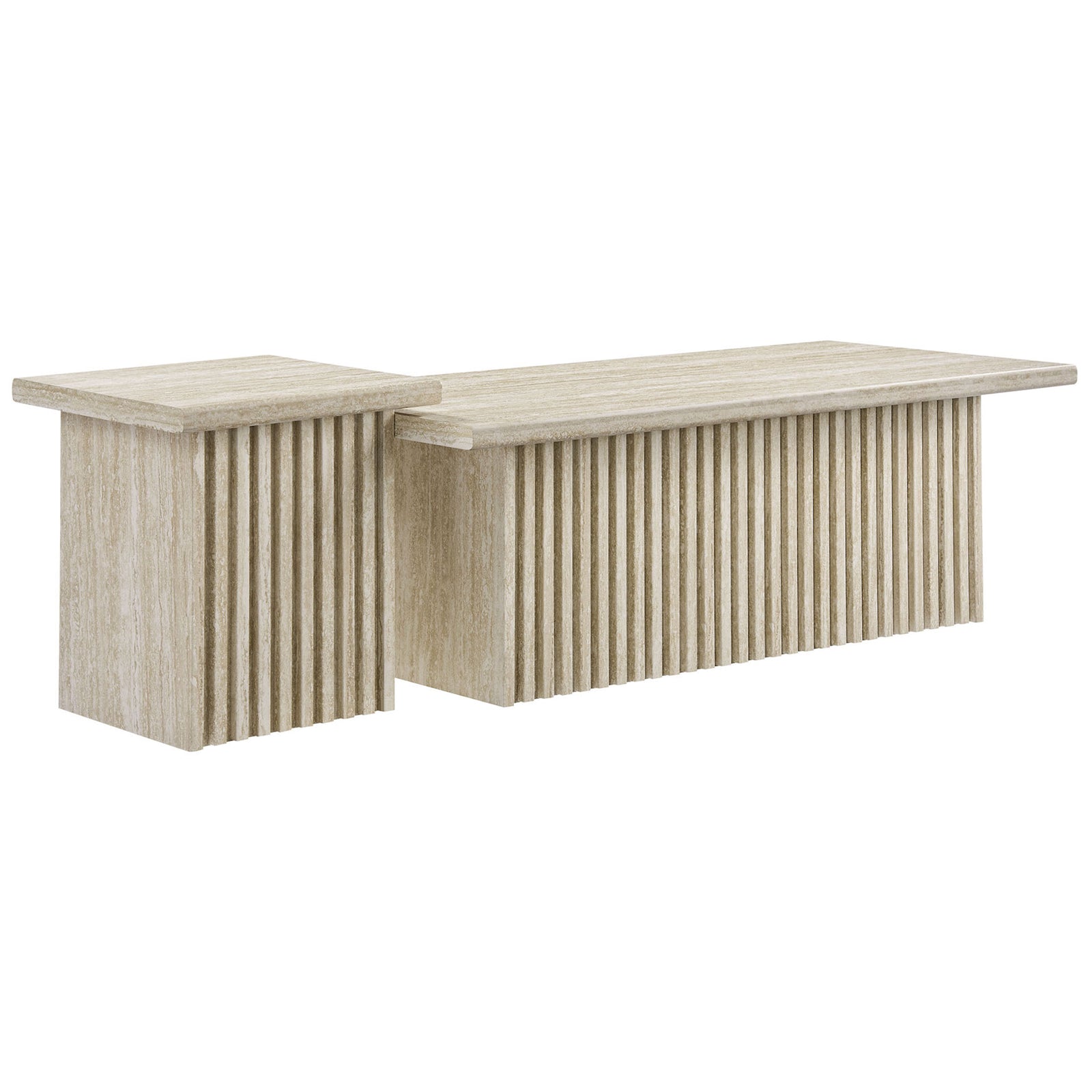Layered nesting design pairs a low rectangular coffee table with a taller square accent table || EEI-6970-TRA || front_angle_studio
