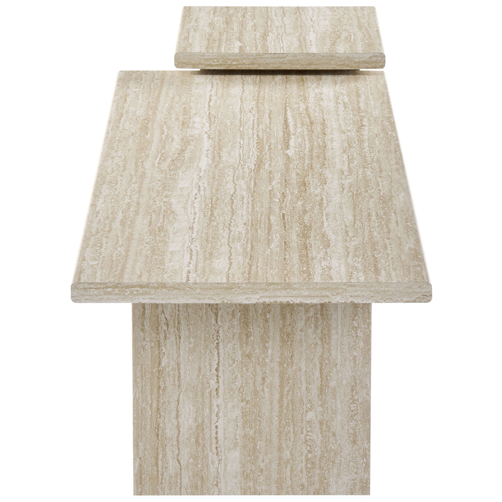 Spacious faux travertine surfaces showcase soft, linear veining for an elegant, stone-inspired look || EEI-6970-TRA || side_studio
