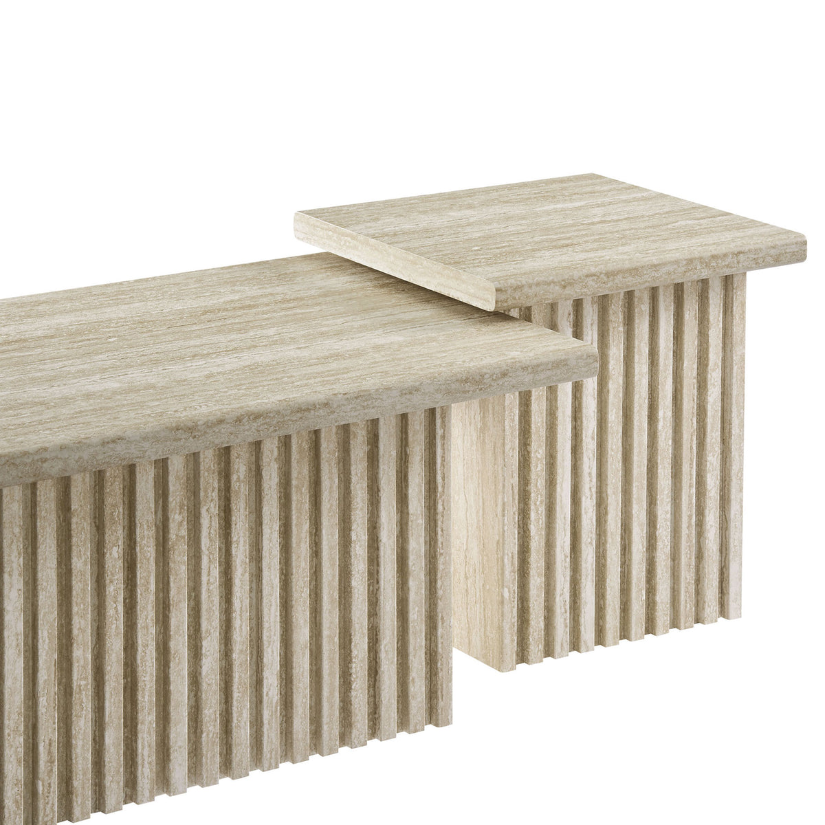 Vertical slatted base adds bold texture beneath clean, straight-edged tops in a warm travertine tone || EEI-6970-TRA || detail_studio