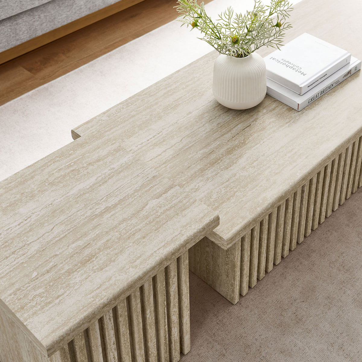 Natural veining pairs with soft neutrals to elevate everyday decor on this layered coffee table duo || EEI-6970-TRA || detail_room