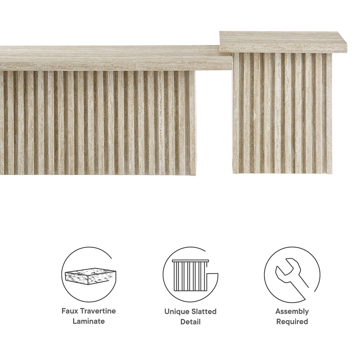 Durable faux travertine laminate and vertical slatted bases with simple, straightforward assembly || EEI-6970-TRA || callout_studio