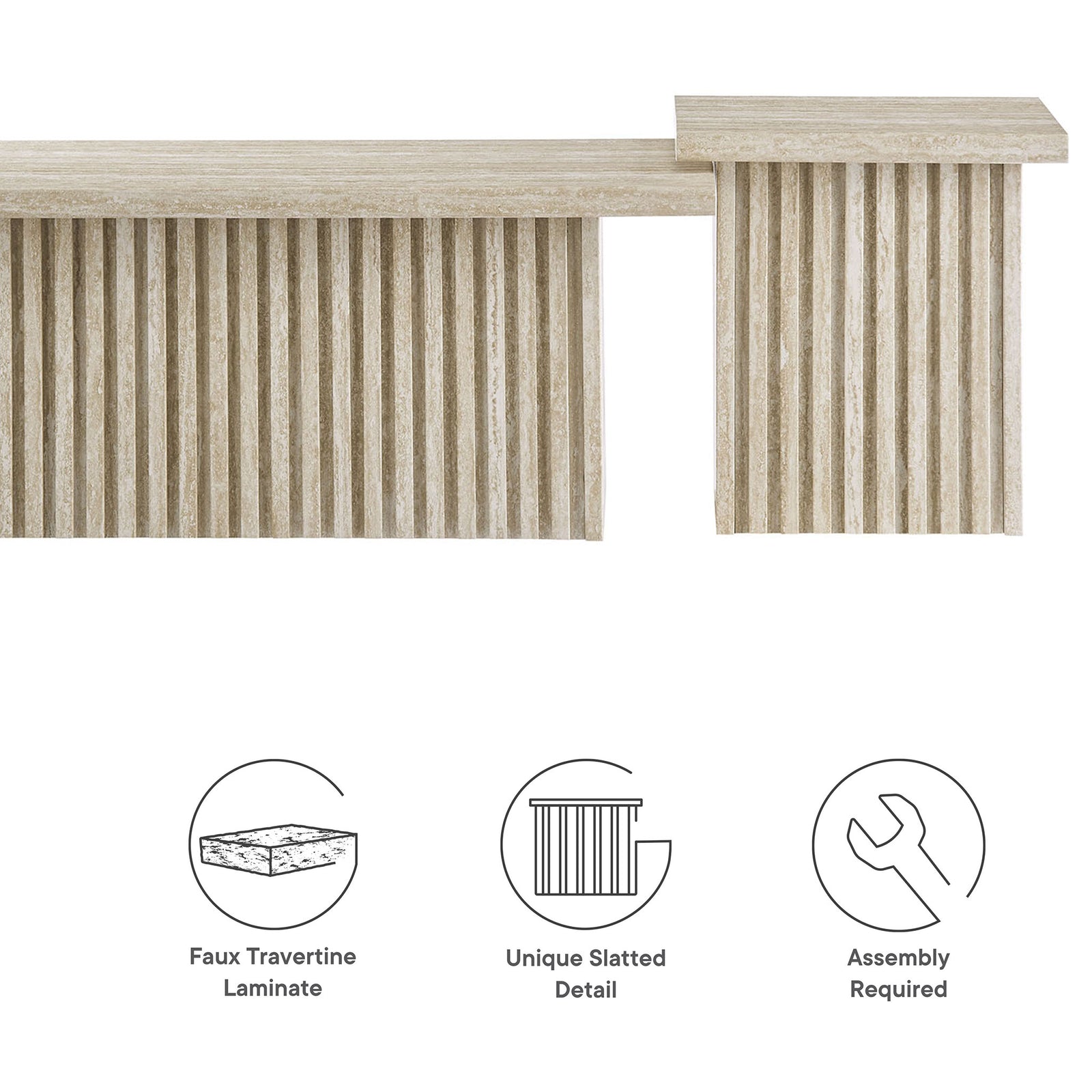Durable faux travertine laminate and vertical slatted bases with simple, straightforward assembly || EEI-6970-TRA || callout_studio