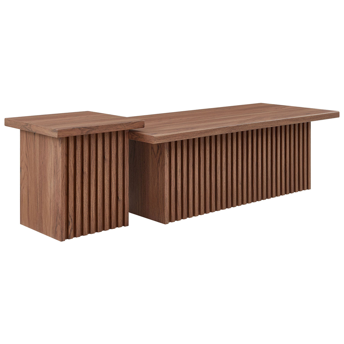 Rectangular and square tables nest seamlessly, showcasing rich walnut grain and vertical slats || EEI-6970-WAL || front_angle_studio