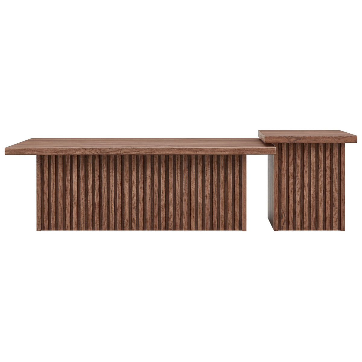 Two-piece walnut nesting tables with bold slatted bases create a clean, modern focal point || EEI-6970-WAL || front_studio