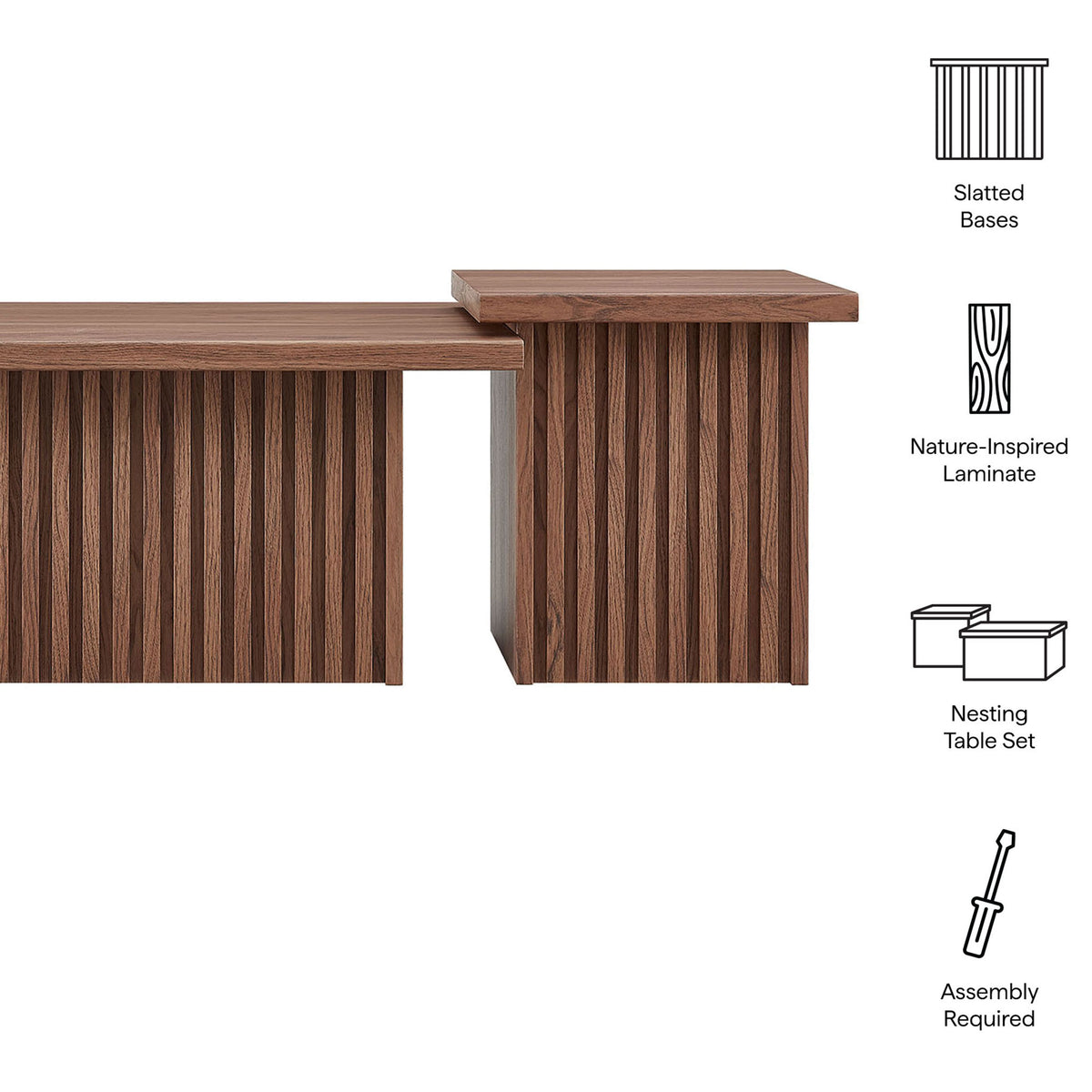 Nesting design with slatted bases and walnut finish adds texture and versatility || EEI-6970-WAL || callout_studio