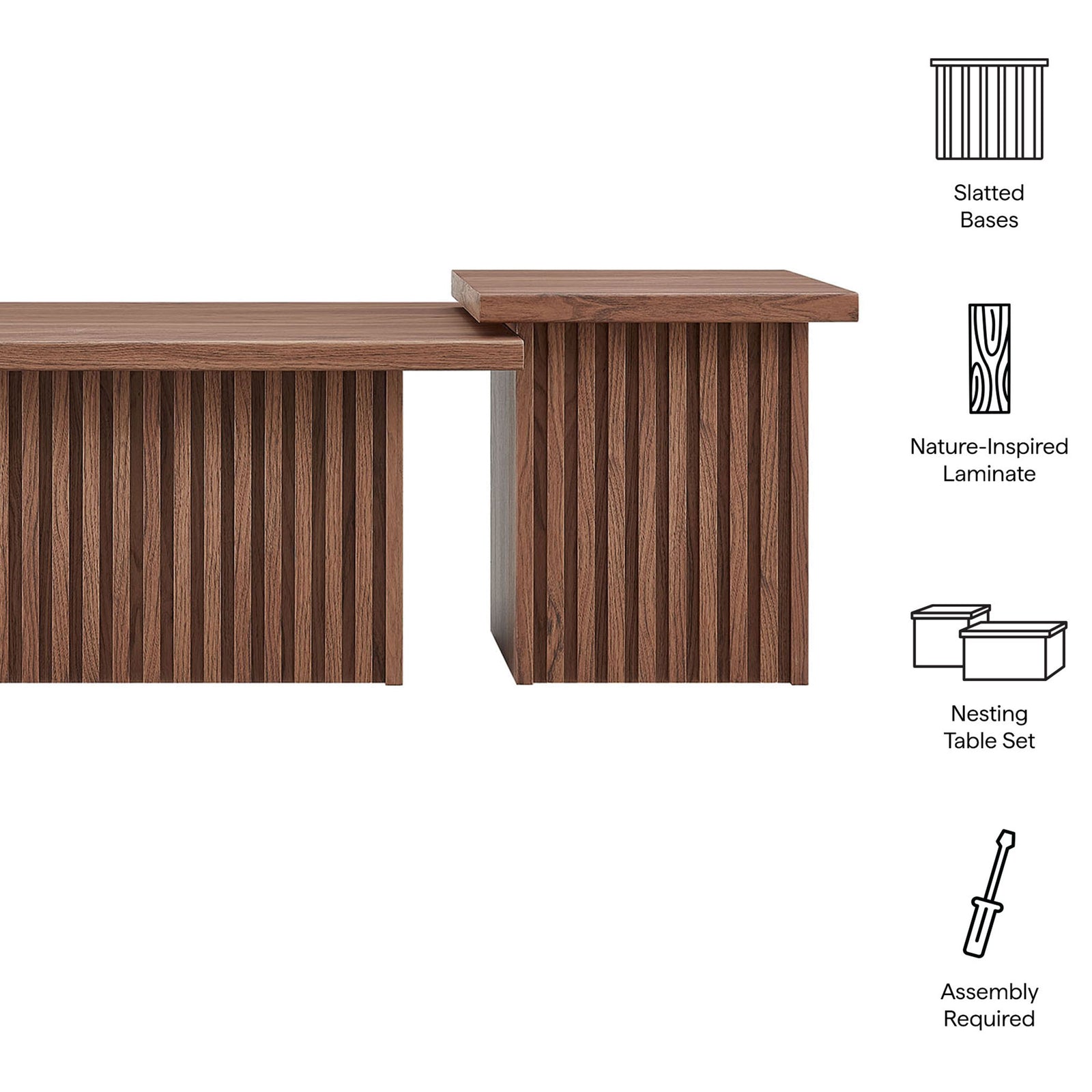 Nesting design with slatted bases and walnut finish adds texture and versatility || EEI-6970-WAL || callout_studio