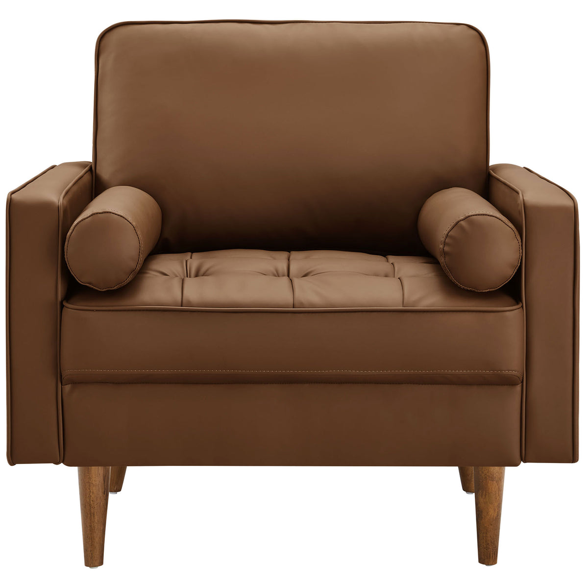 Brown vegan leather armchair with biscuit tufting and matching bolster pillows on tapered wood legs || EEI-6971-BRN || front_studio