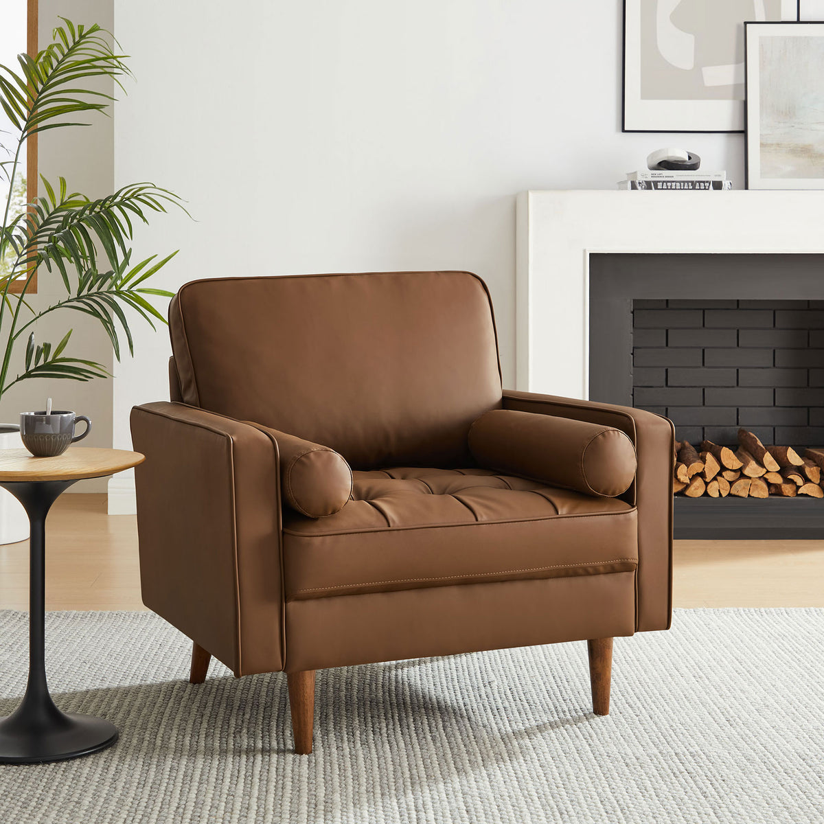 Brown vegan leather accent chair anchors the room with mid-century lines and inviting comfort || EEI-6971-BRN || front_room
