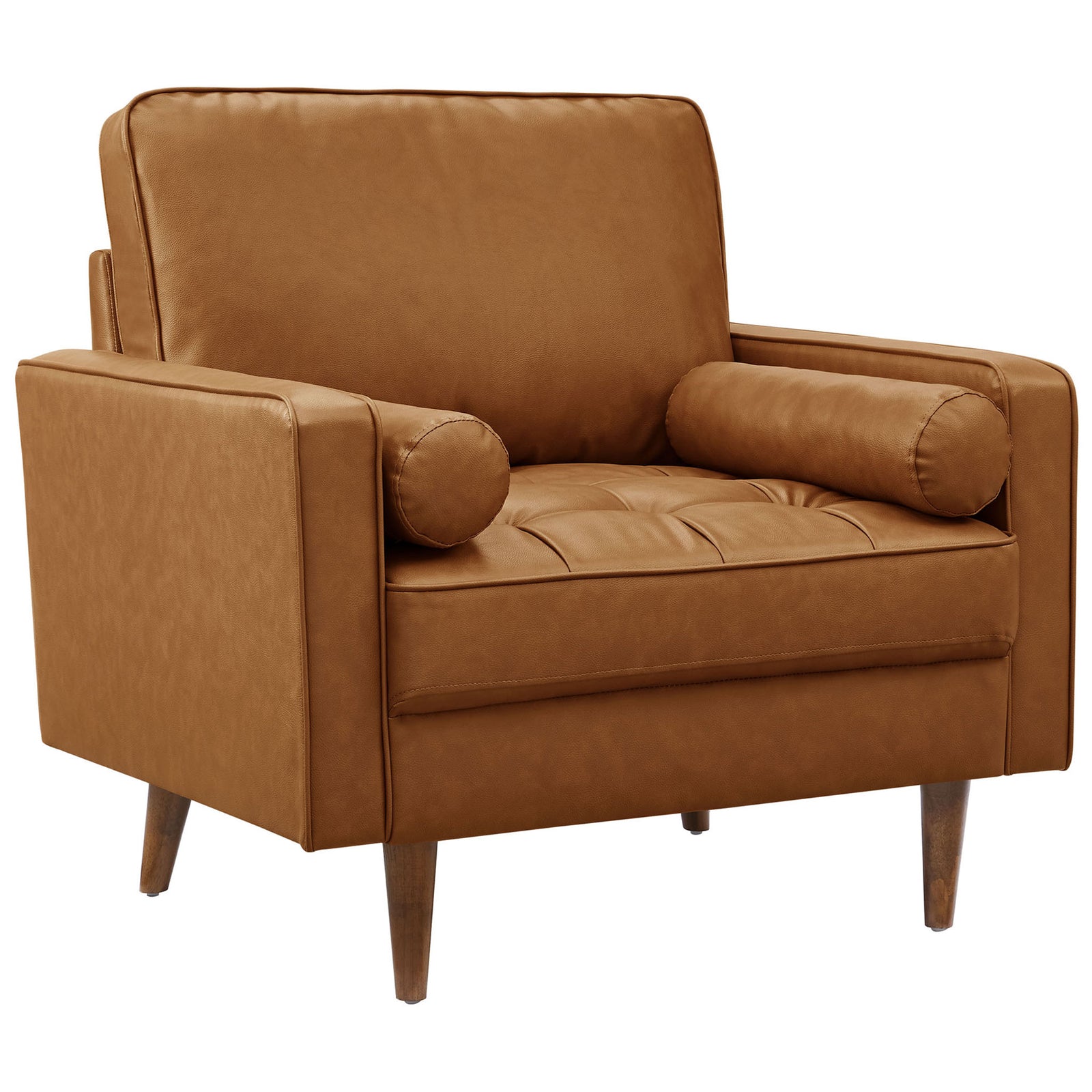 Mid-century tan vegan leather armchair with biscuit tufting, bolster pillows, and tapered wood legs || EEI-6971-TAN || front_angle_studio