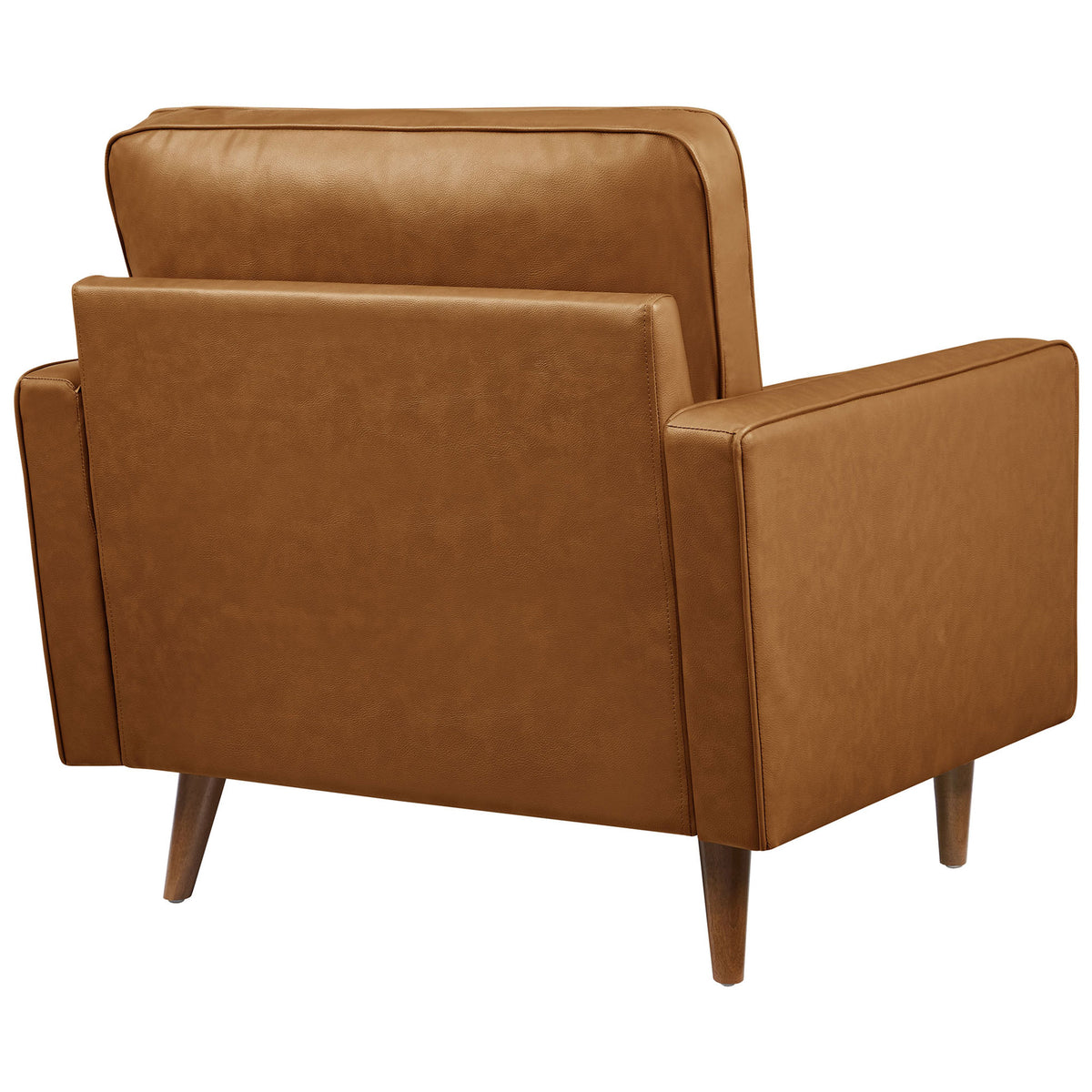 Sleek tailored back and clean lines in smooth tan vegan leather with tapered wood legs || EEI-6971-TAN || back_angle_studio