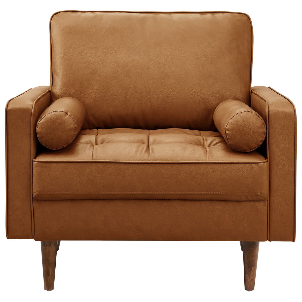 Tufted tan vegan leather armchair with matching bolster pillows and crisp track arms || EEI-6971-TAN || front_studio