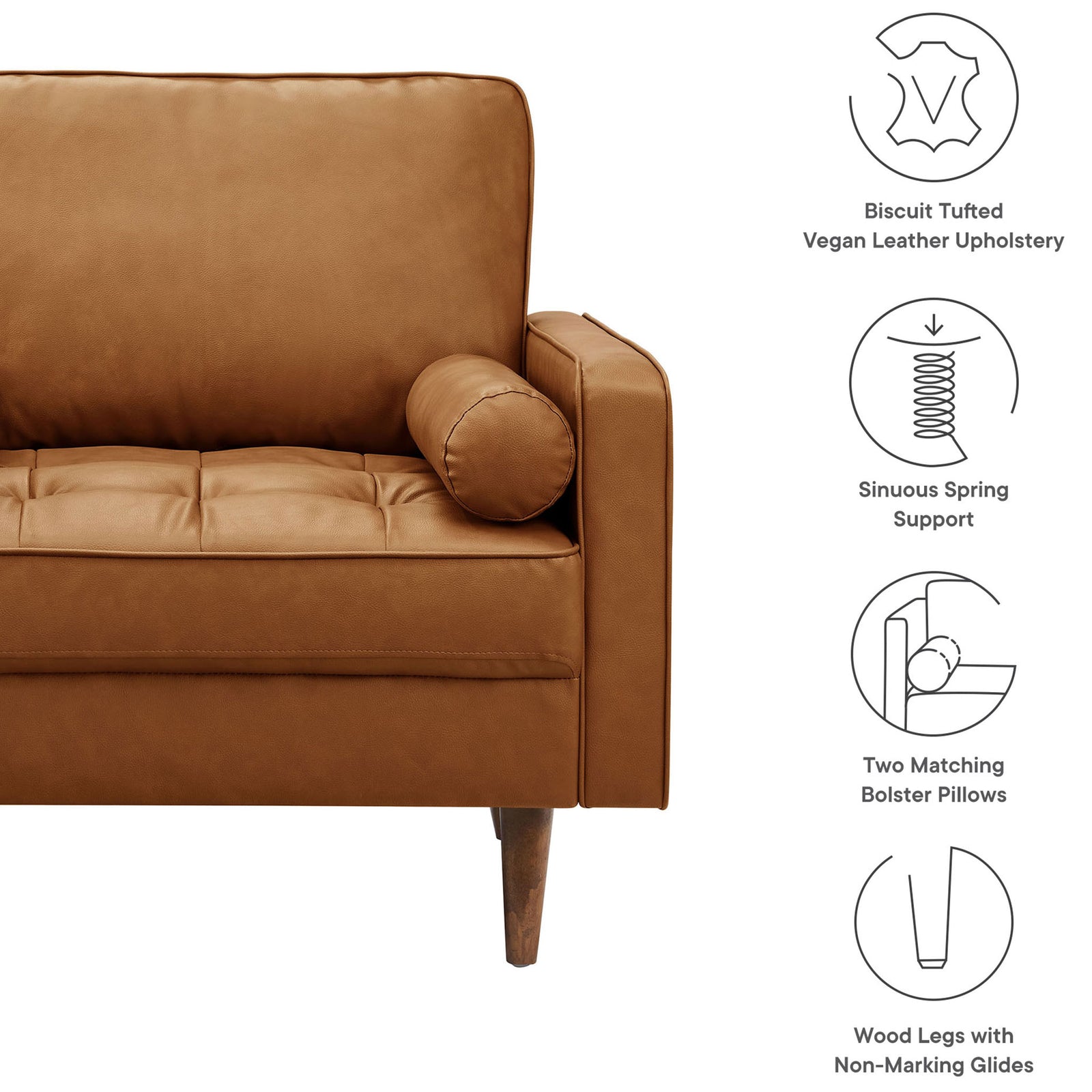 Vegan leather armchair features biscuit tufting, sinuous springs, and twin bolster pillows || EEI-6971-TAN || callout_studio