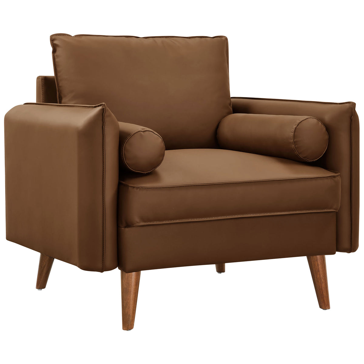 Sleek brown vegan leather chair with clean lines, wide arms, and splayed wood legs || EEI-6973-BRN || front_angle_studio