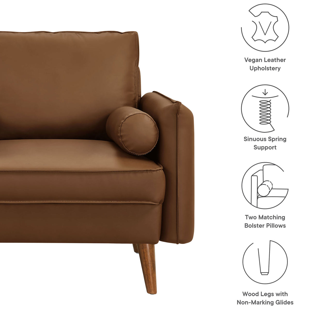 Feature highlights include vegan leather, sinuous spring support, twin bolsters, and wood legs || EEI-6973-BRN || callout_studio