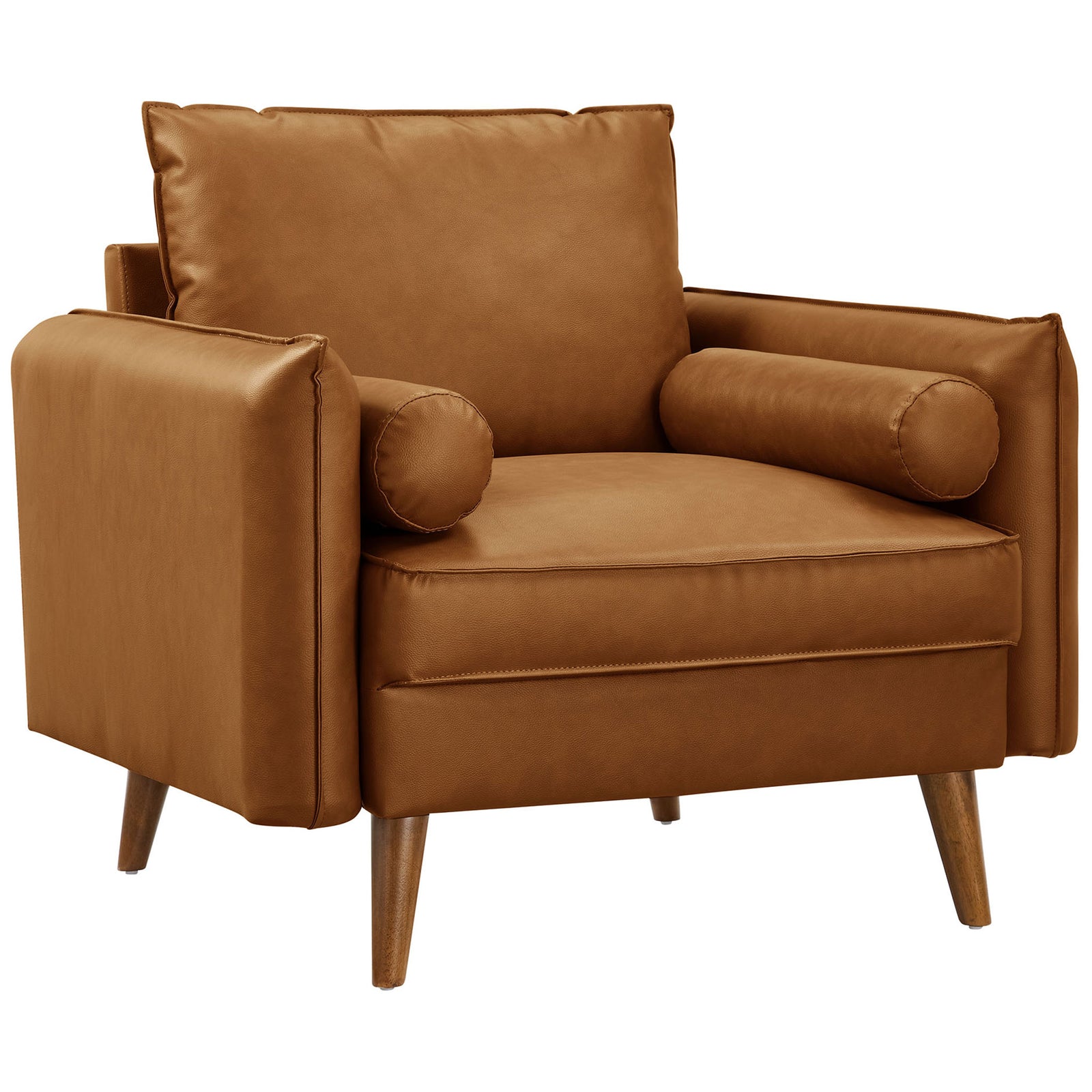 Sleek tan vegan leather chair with clean lines, bolster pillows, and splayed wood legs. || EEI-6973-TAN || front_angle_studio
