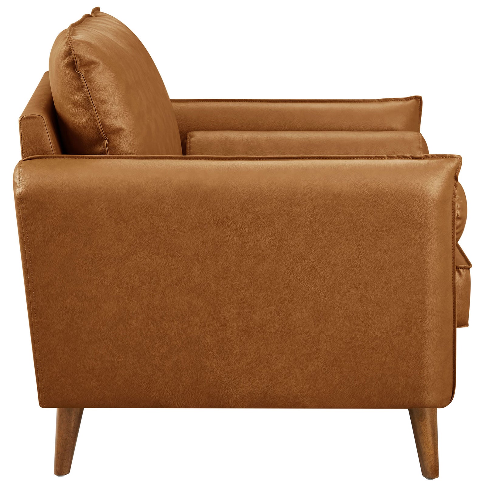 Streamlined tan vegan leather side profile with wide track arms and tapered wood legs. || EEI-6973-TAN || side_studio