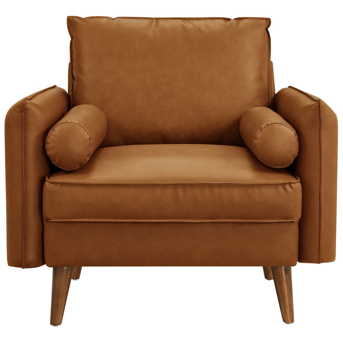 Tan vegan leather armchair with plush seat, two bolster pillows, and tapered wood legs. || EEI-6973-TAN || front_studio
