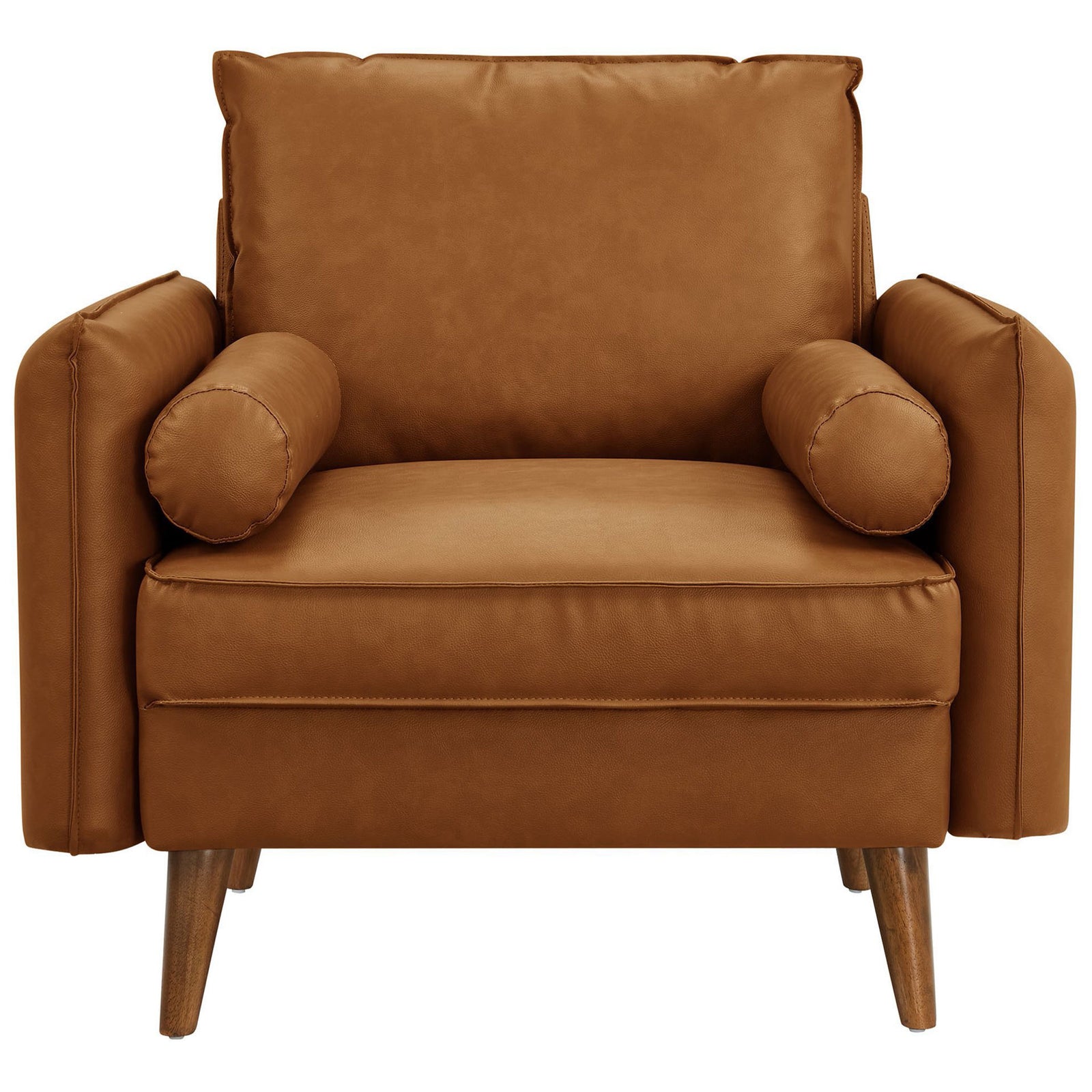 Tan vegan leather armchair with plush seat, two bolster pillows, and tapered wood legs. || EEI-6973-TAN || front_studio