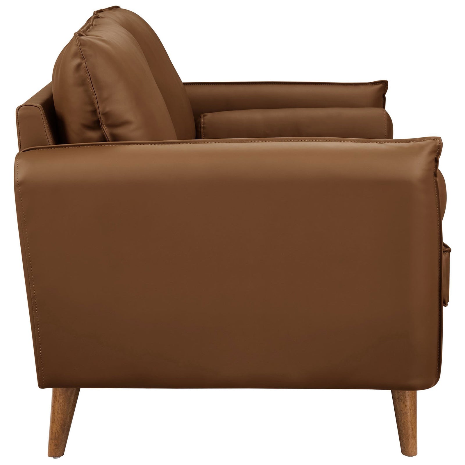 Streamlined sofa arm design in rich brown vegan leather with gently angled wooden legs. || EEI-6975-BRN || side_studio