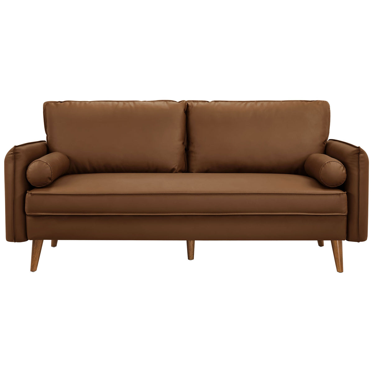 Brown vegan leather sofa with clean lines, bolster pillows, and tapered wood legs. || EEI-6975-BRN || front_studio