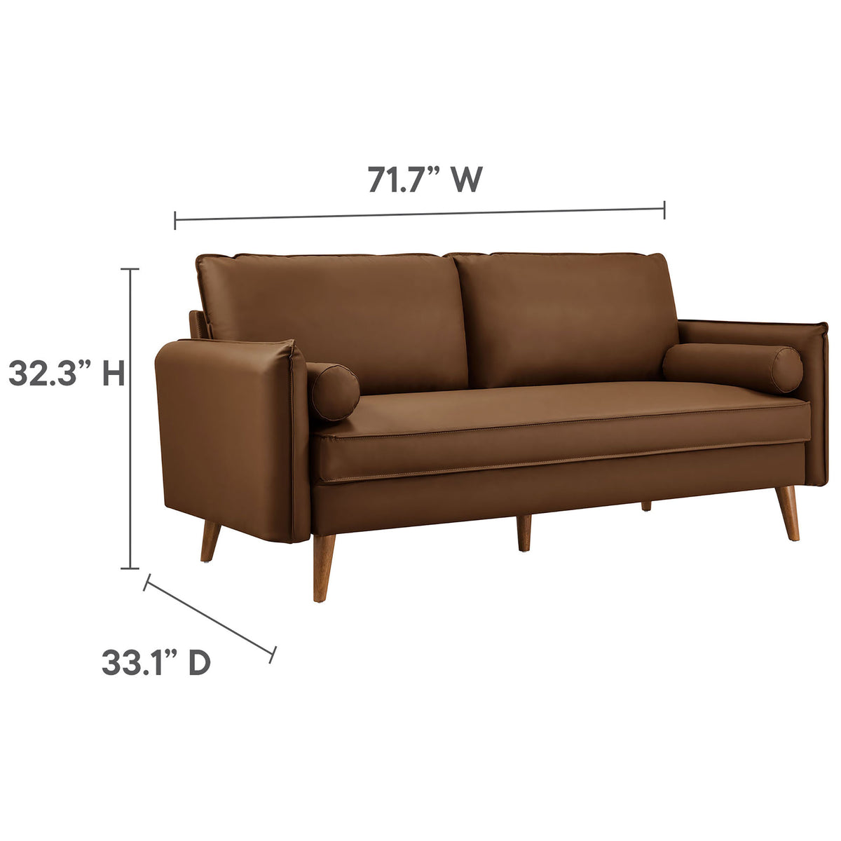 Size dimensions of the brown vegan leather sofa showing overall width, depth, and height. || EEI-6975-BRN || dimension_studio
