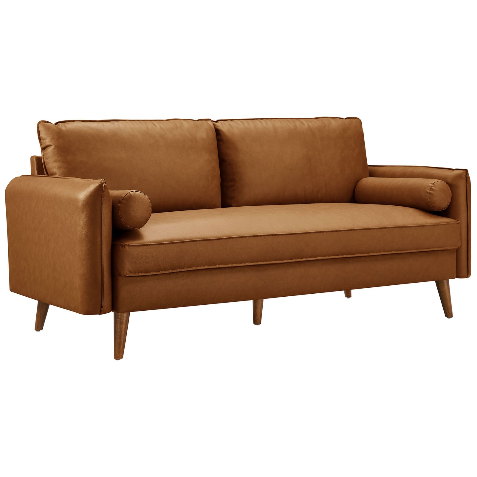 Tan vegan leather mid-century sofa with bolster pillows and tapered wood legs || EEI-6975-TAN || front_angle_studio